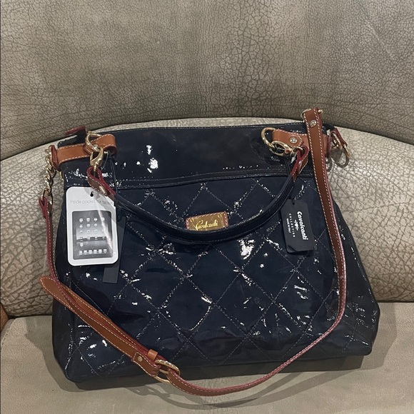 Cavalcanti Black Quilted Patent & Brown Leather Hobo Crossbody / Shoulder Bag - Picture 1 of 9